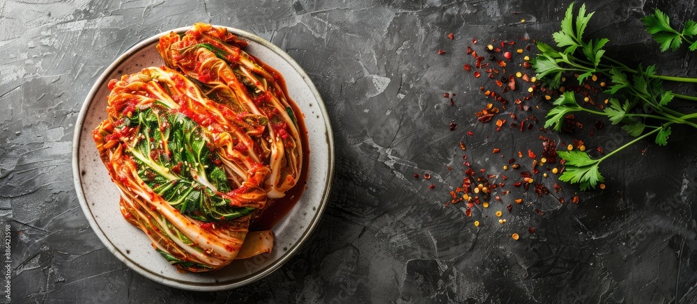 Aufkleber Traditional Korean dish of kimchi cabbage displayed on a gray backdrop with ample copy space image