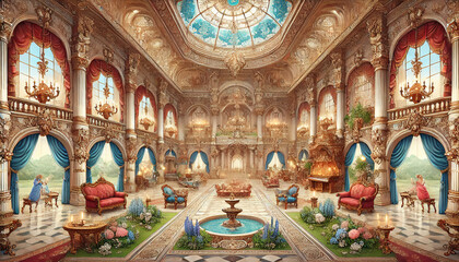 Obraz premium Royal palace RPG game background with opulent decor and gardens