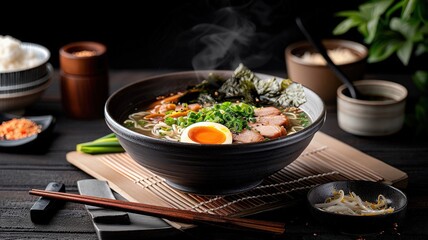 A steaming bowl of ramen noodles with traditional toppings.
