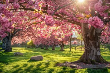 Cherry Blossom Tree in Full Bloom Under a Sunny Sky