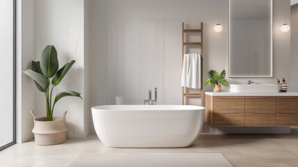 Fototapeta premium A minimalist bathroom in a luxury home with a freestanding tub, floating vanity, and elegant fixtures