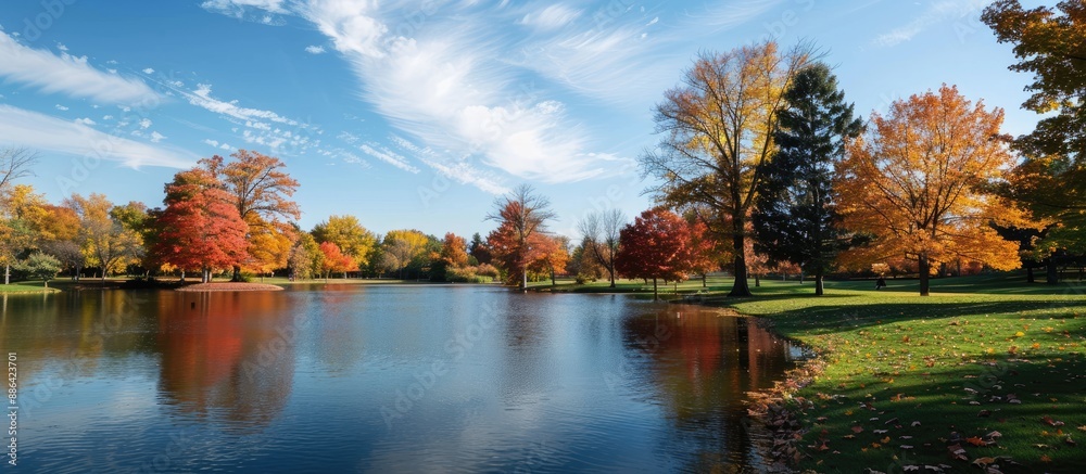 Poster A serene lake surrounded by trees showcasing the colors of fall in a park with copy space image