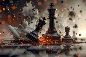 Chess pieces on a destroyed chessboard