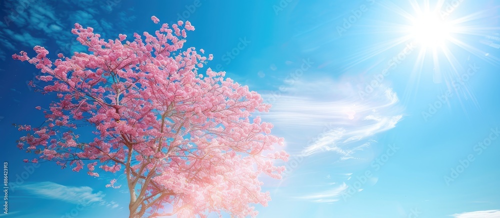 Poster In spring a tree showing off pink blossom with a serene beauty against a backdrop of a clear blue sky in a nature themed copy space image