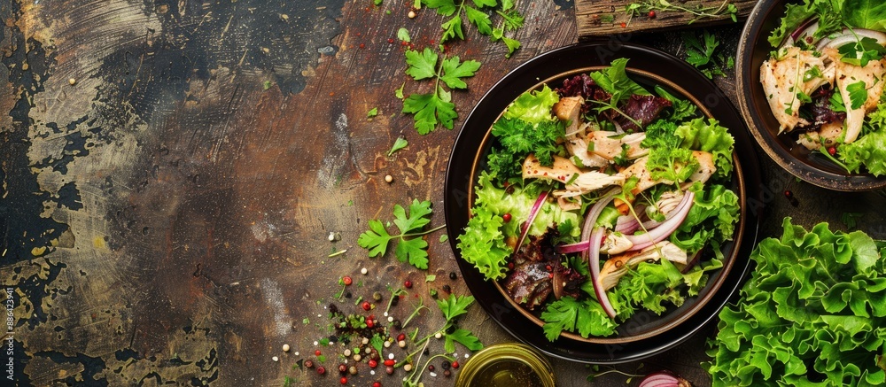 Aufkleber healthy green salad with chicken stomach lettuce onion and dressing on a rustic table with copy spac