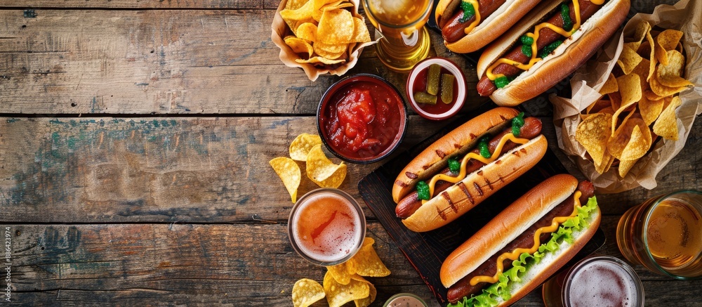 Poster Top view of appetizing homemade hotdogs served with various dipping sauces chips and beer glasses on a rustic wooden table with ample copy space in the image