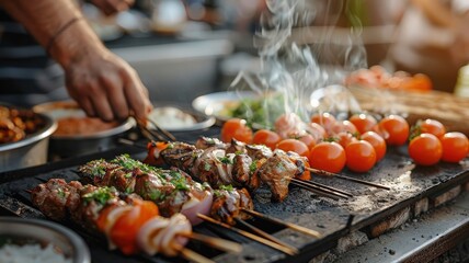 Naklejka premium A bustling street food scene in Istanbul, where vendors grill delicious kebabs over charcoa