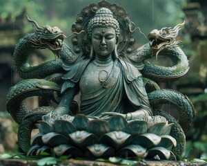Obraz premium Serene Buddha Meditating with Naga Serpent in Ancient Temple Ruin - Hyper-Realistic Spiritual Art in 8K Resolution