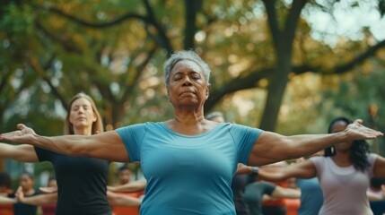 An older woman with gray hair leads a group of diverse individuals in a yoga session outdoors, their faces serene as they practice mindfulness in the peaceful environment