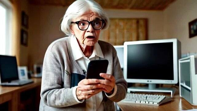 Confused and frightened elderly woman with smartphone in hands. Pensioner stands in room after call from scammers in state of stress. Difficulty in understanding high technology.