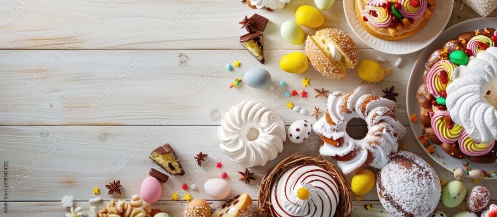 Poster top view of a festive easter display featuring a traditional easter cake chocolate eggs in a nest co
