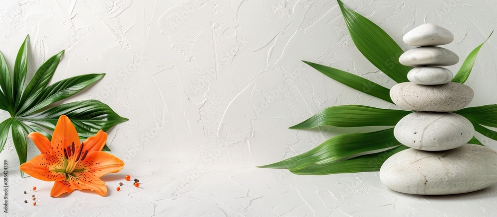 Aufkleber stone balance pyramid an orange lily and green leaves create a soothing spa relaxation concept on a 