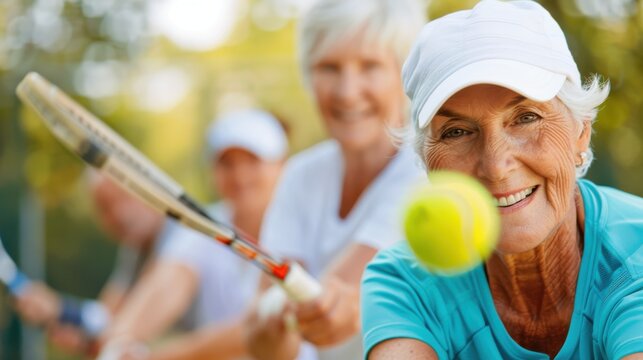 A group of elderly women enjoying a game of tennis, with a focus on one smiling participant hitting the ball, showing active living and the joy of senior sports activities. - Powered by Adobe