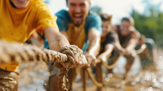 A group of adults enthusiastically engage in a muddy tug-of-war, each participant pulling hard on the rope with joyful expressions, reflecting team spirit and fun activities.