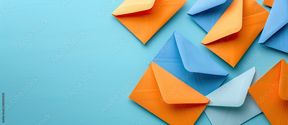 Poster a blue background with orange envelopes containing blank white and blue paper sheets providing a cop