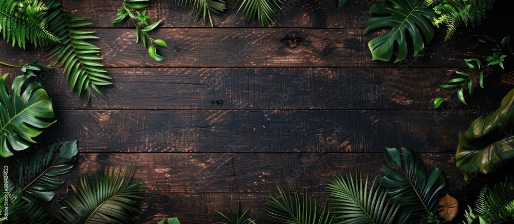 Leinwandbilder Top down view of dark toned wooden backdrop with tropical foliage creating space for graphics or text input. with copy space image. Place for adding text or design