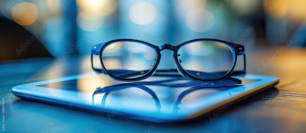 Poster Blue reading glasses resting on a digital tablet PC with empty space for text or images suitable for placement of a copy space image