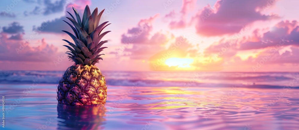 Poster a pineapple is getting ready for a swim in a vibrant blue ocean with a beautiful sunset reflected in