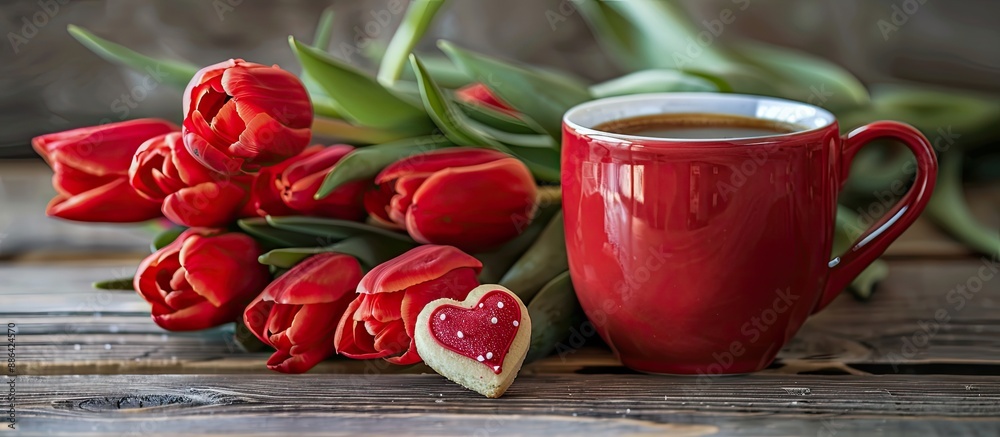 Aufkleber a romantic scene featuring a red coffee cup heart shaped cookie with a message bouquet of red tulips