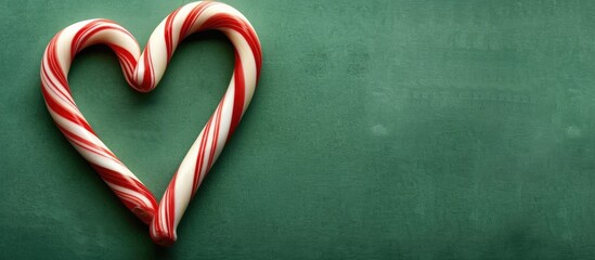 Christmas candy cane heart on green background with copy space image viewed from the top symbolizing love for Valentine s Day ideal for New Year and Christmas cards