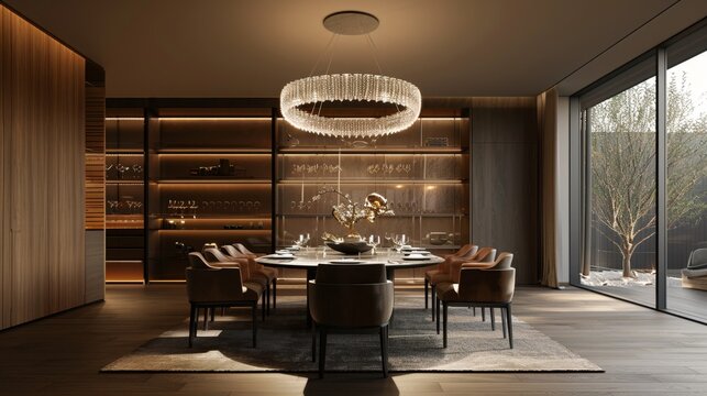 luxury lighting fixtures, an led chandelier hanging elegantly in the sophisticated dining room, elevating the ambiance and adding to the interior decors charm