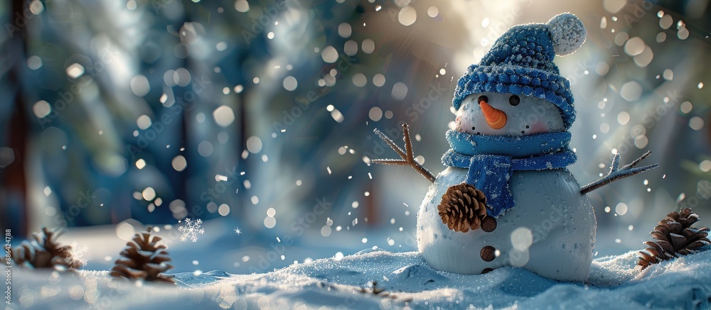 Aufkleber a charming snowman wearing blue winter attire stands in a forest park crafted with pine cones as eye
