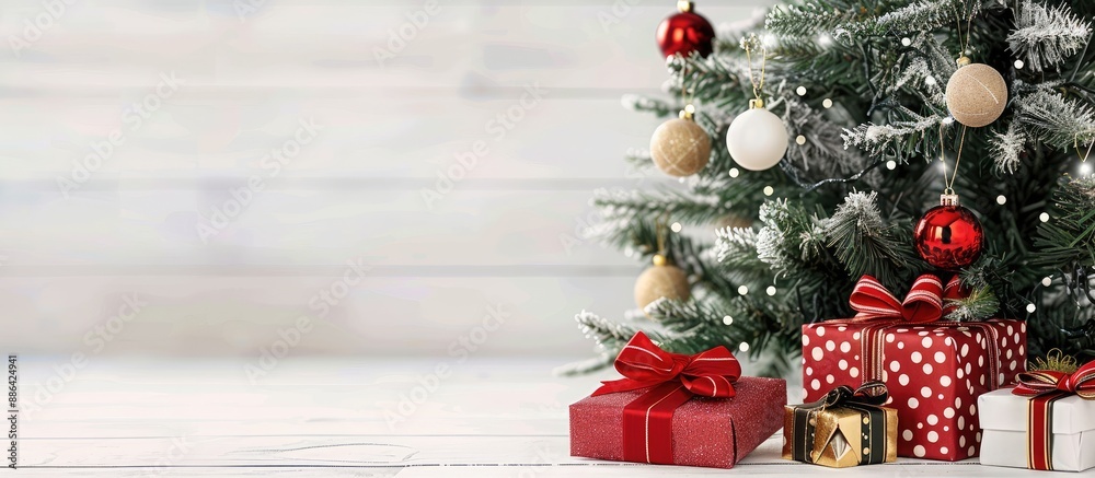 Poster new year gifts displayed in a festive christmas setting on a white wooden surface including a christ