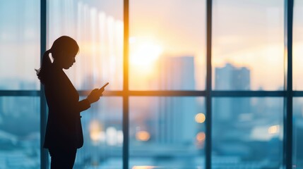 Fototapeta premium A business executive in silhouette, checking their phone while standing by a window with a cityscape view at sunrise