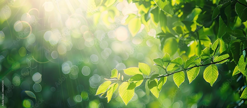 Fototapete sunlight filtering through a canopy creating a vibrant backdrop of green foliage with ample copy spa