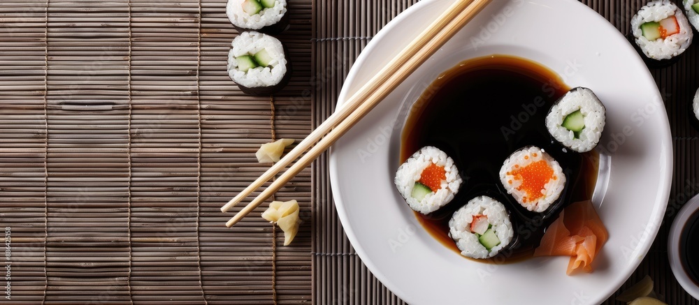 Leinwandbilder Top view of a round white plate with sushi chopsticks ginger and soy sauce on a dark bamboo mat background with ample copy space for an image