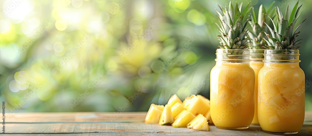Poster pineapple smoothies in mason jars on a wooden table with a blurred background providing room for tex