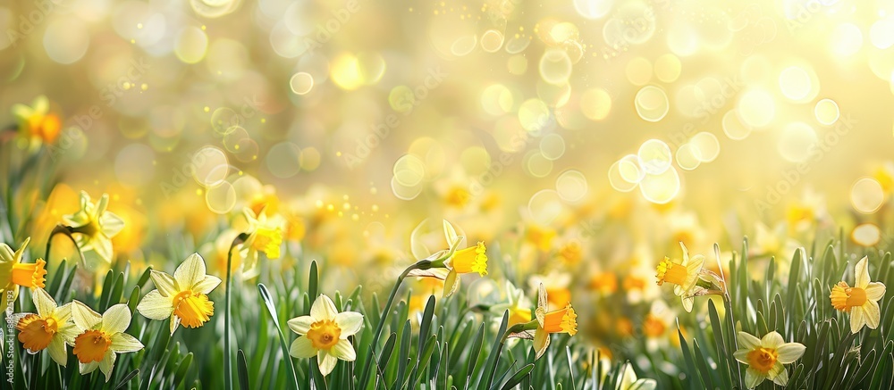 Poster Field of daffodils with space for text in image. with copy space image. Place for adding text or design