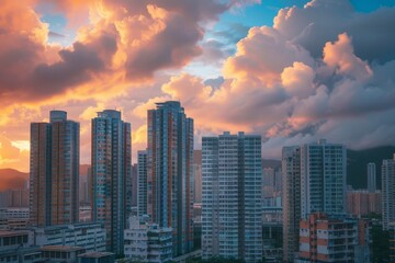 Obraz premium The city skyline of Hong at sunset, showcasing illuminated buildings against the darkening sky, Each building serves as a canvas for the ever-changing clouds and sunsets