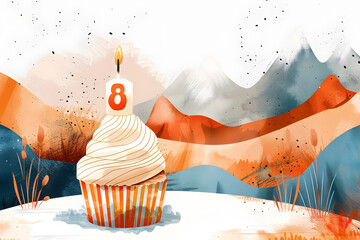 Birthday cupcake with number eight candle