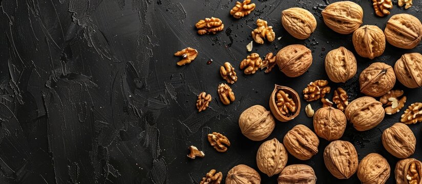Top view of walnuts in shells arranged on a black surface with a background of round walnuts composing a healthy nuts and seeds image with copy space