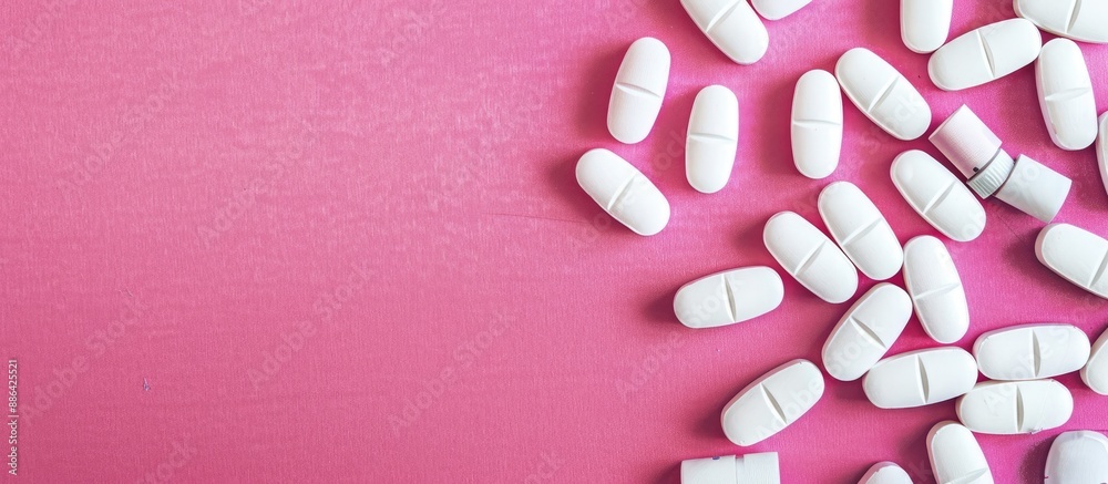 Aufkleber top view of spilled white medical pills on a pink surface with a copy space image