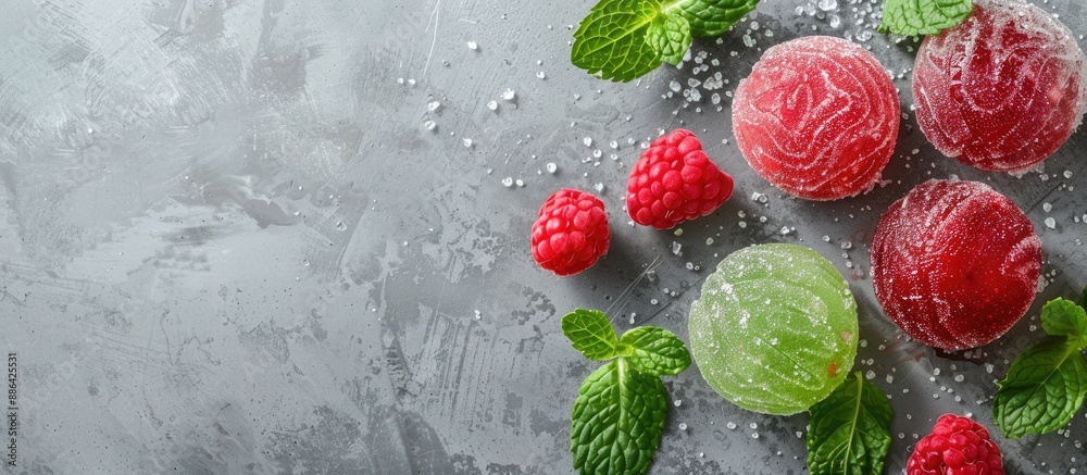 Aufkleber Gray concrete background with mint and raspberry green jelly captured from a side view showcasing copy space image