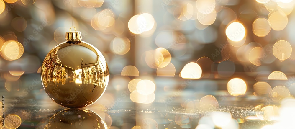 Poster Christmas ornament made of gold displayed on a clear table with ample space for copy images