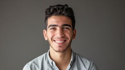 Fototapeta premium Happy Middle Eastern Young Man in Casual Shirt Smiling Positively for Portrait