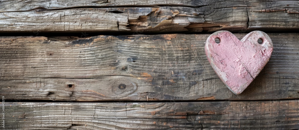 Poster heart shape in pink set against a rustic wooden background with copy space image