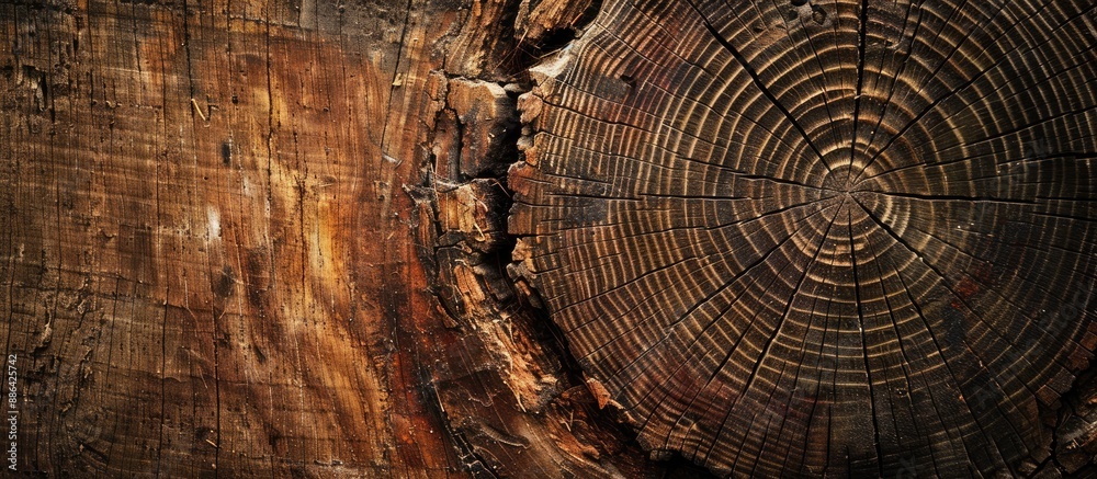 Aufkleber Close up of an aged tree trunk on a wooden backdrop with a designated area for adding images or text known as a copy space image