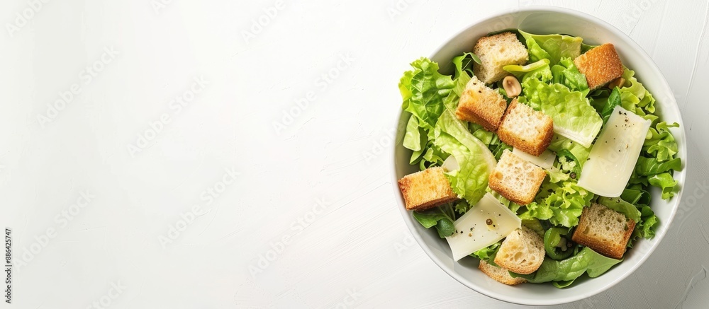 Poster fresh caesar salad in a bowl displayed on a white background perfect for a healthy and tasty meal th