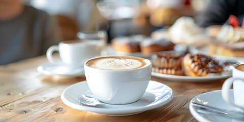 Fototapeta premium Friends enjoy Swedish fika with coffee pastries in cozy cafe setting. Concept Coffee Culture, Scandinavian Tradition, Fika Friends, Cozy Cafe, Pastries & Coffee