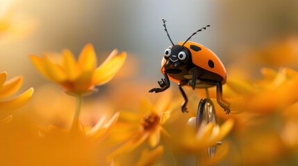 A cheerful cartoon ladybug with expressive eyes resting on orange flowers, conveying a sense of happiness and nature’s beauty in a lively garden setting.