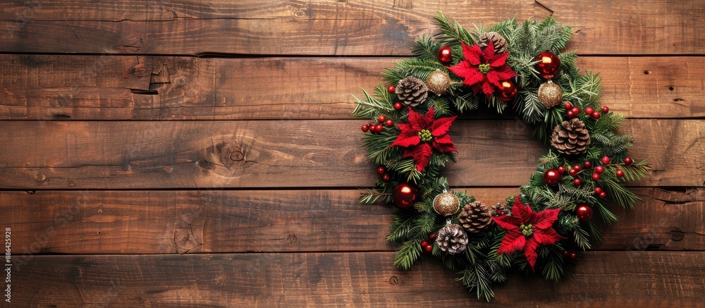 Poster top view of a christmas wreath decoration on a wooden background with copy space image