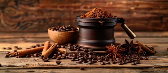 A still life composition featuring a coffee grinder coffee beans cinnamon sticks and star anise on a wooden surface with copy space image