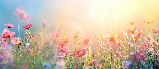Scenic meadow with blooming spring flowers under sunrays ideal for a copy space image