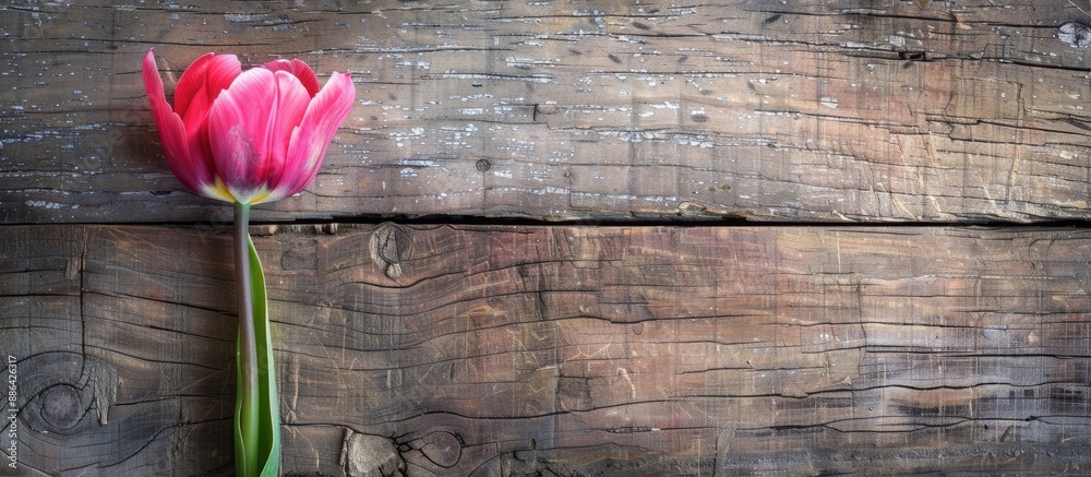 Aufkleber A pink tulip on a rustic table viewed from above with a clear area for additional content in the picture