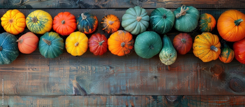 Leinwandbilder Pumpkins in various colors placed on the border of a wooden table set against a backdrop providing room for a text placement copy space image