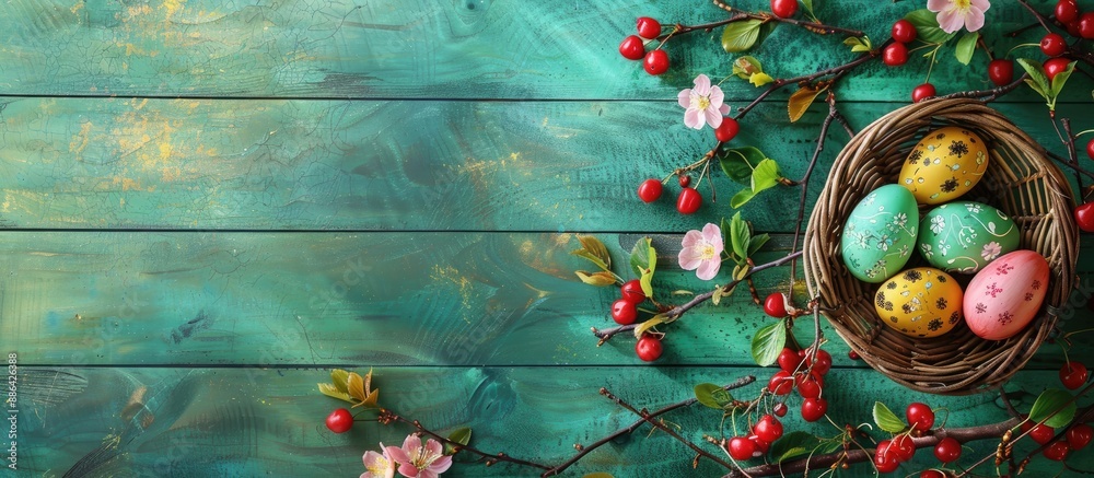 Aufkleber easter themed mockup showcasing colorful eggs blooming cherries in a small basket set against a wood